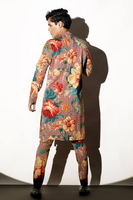 Shop MR. Ajay Kumar Multi Color Linen Embroidery Rewaz Printed Kurta Pant Set at Aza Fashions Shop_MR. Ajay Kumar_Multi Color Linen Embroidery Rewaz Printed Kurta Pant Set _at_Aza_Fashions