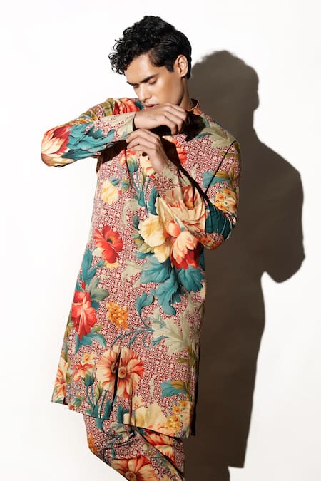 MR. Ajay Kumar Multi Color Linen Embroidery Rewaz Printed Kurta Pant Set Online at Aza Fashions MR. Ajay Kumar_Multi Color Linen Embroidery Rewaz Printed Kurta Pant Set _Online_at_Aza_Fashions