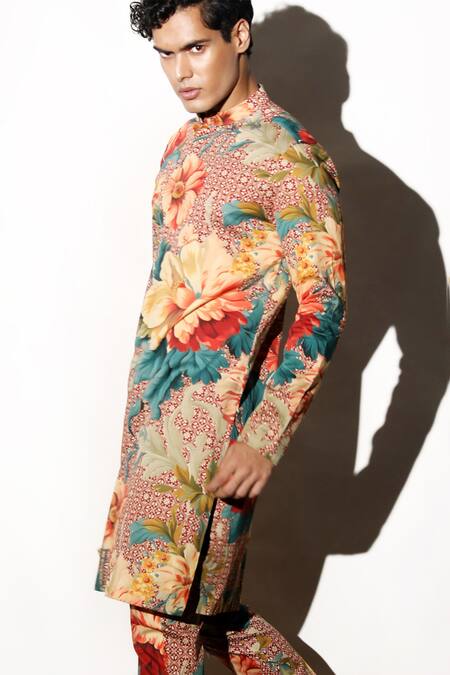 Buy MR. Ajay Kumar Multi Color Linen Embroidery Rewaz Printed Kurta Pant Set Online at Aza Fashions Buy_MR. Ajay Kumar_Multi Color Linen Embroidery Rewaz Printed Kurta Pant Set _Online_at_Aza_Fashions