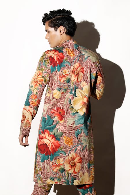 Shop MR. Ajay Kumar Multi Color Linen Embroidery Rewaz Printed Kurta Pant Set Online at Aza Fashions Shop_MR. Ajay Kumar_Multi Color Linen Embroidery Rewaz Printed Kurta Pant Set _Online_at_Aza_Fashions