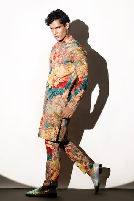 Buy MR. Ajay Kumar Multi Color Linen Embroidery Rewaz Printed Kurta Pant Set Buy_MR. Ajay Kumar_Multi Color Linen Embroidery Rewaz Printed Kurta Pant Set