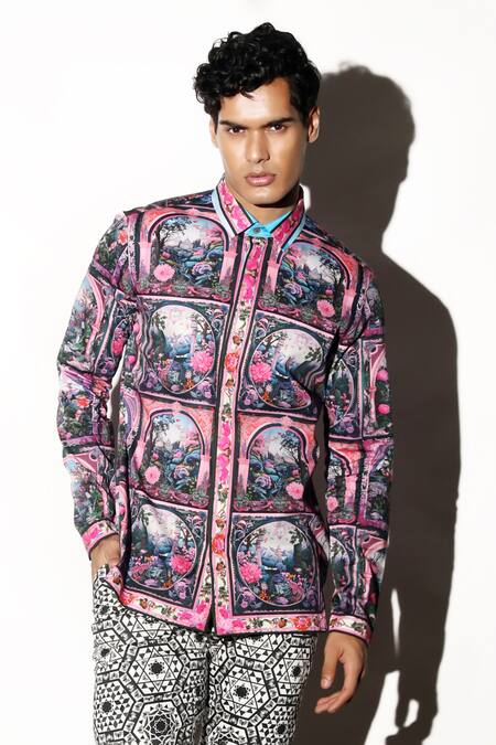 MR. Ajay Kumar Multi Color Cotton Embroidery Cooch Flower Print Shirt Online at Aza Fashions MR. Ajay Kumar_Multi Color Cotton Embroidery Cooch Flower Print Shirt _Online_at_Aza_Fashions