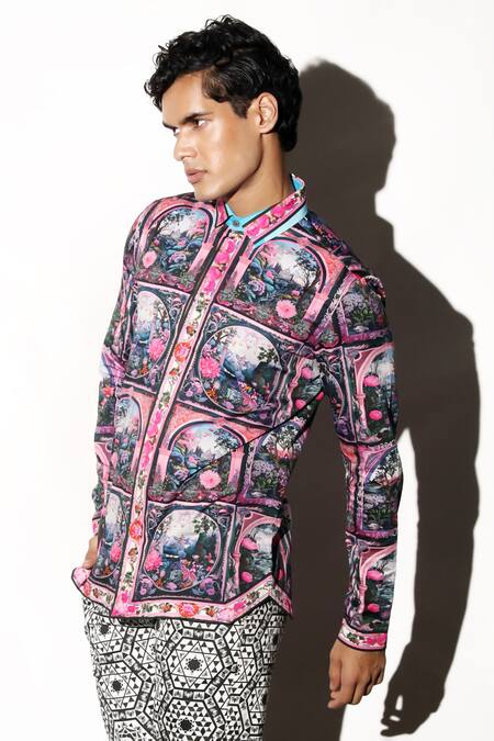 Buy MR. Ajay Kumar Multi Color Cotton Embroidery Cooch Flower Print Shirt Online at Aza Fashions Buy_MR. Ajay Kumar_Multi Color Cotton Embroidery Cooch Flower Print Shirt _Online_at_Aza_Fashions