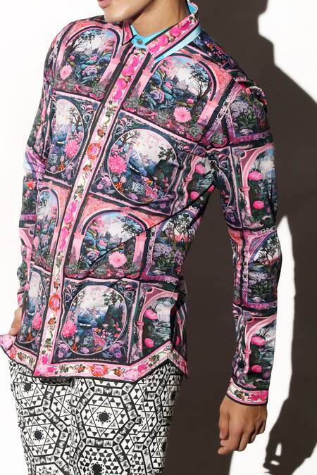 MR. Ajay Kumar Multi Color Cotton Embroidery Cooch Flower Print Shirt at Aza Fashions MR. Ajay Kumar_Multi Color Cotton Embroidery Cooch Flower Print Shirt _at_Aza_Fashions