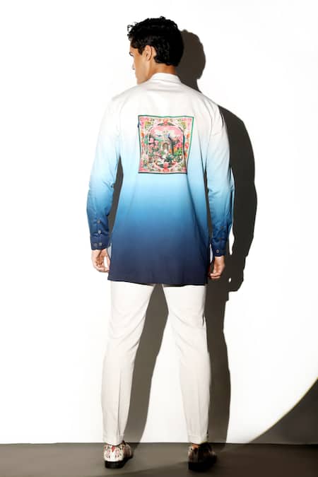 Shop MR. Ajay Kumar Multi Color Cotton Embroidery Amber Peacock Print Shirt at Aza Fashions Shop_MR. Ajay Kumar_Multi Color Cotton Embroidery Amber Peacock Print Shirt _at_Aza_Fashions