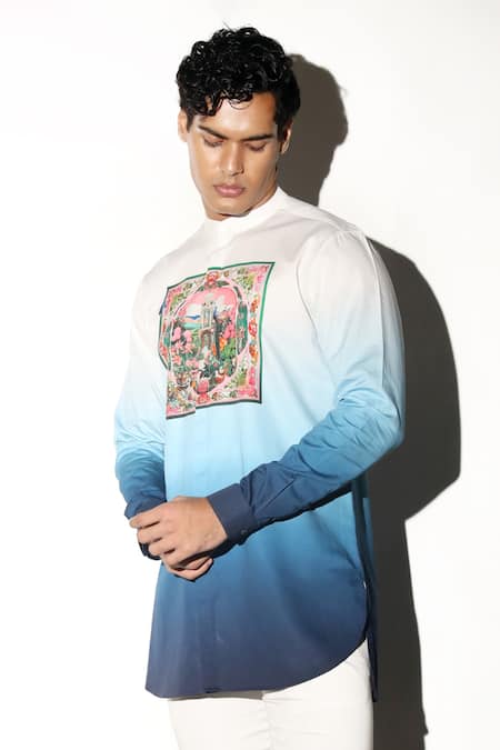 MR. Ajay Kumar Multi Color Cotton Embroidery Amber Peacock Print Shirt Online at Aza Fashions MR. Ajay Kumar_Multi Color Cotton Embroidery Amber Peacock Print Shirt _Online_at_Aza_Fashions