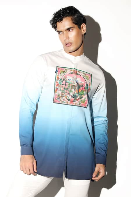 Buy MR. Ajay Kumar Multi Color Cotton Embroidery Amber Peacock Print Shirt Online at Aza Fashions Buy_MR. Ajay Kumar_Multi Color Cotton Embroidery Amber Peacock Print Shirt _Online_at_Aza_Fashions