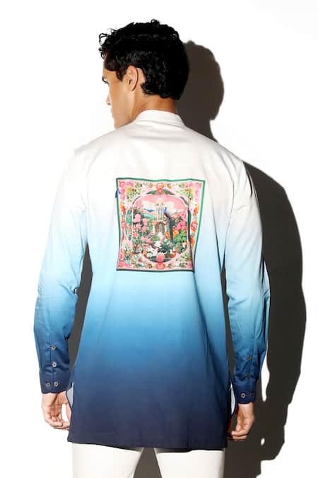 Shop MR. Ajay Kumar Multi Color Cotton Embroidery Amber Peacock Print Shirt Online at Aza Fashions Shop_MR. Ajay Kumar_Multi Color Cotton Embroidery Amber Peacock Print Shirt _Online_at_Aza_Fashions