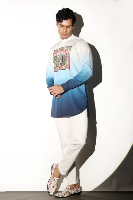 Shop MR. Ajay Kumar Multi Color Cotton Embroidery Amber Peacock Print Shirt Shop_MR. Ajay Kumar_Multi Color Cotton Embroidery Amber Peacock Print Shirt