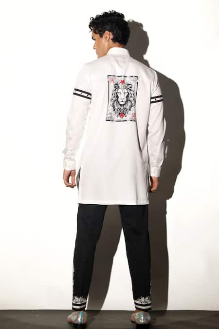 Shop MR. Ajay Kumar White Cotton Embroidery Katoch Lion King Card Print Shirt at Aza Fashions Shop_MR. Ajay Kumar_White Cotton Embroidery Katoch Lion King Card Print Shirt _at_Aza_Fashions