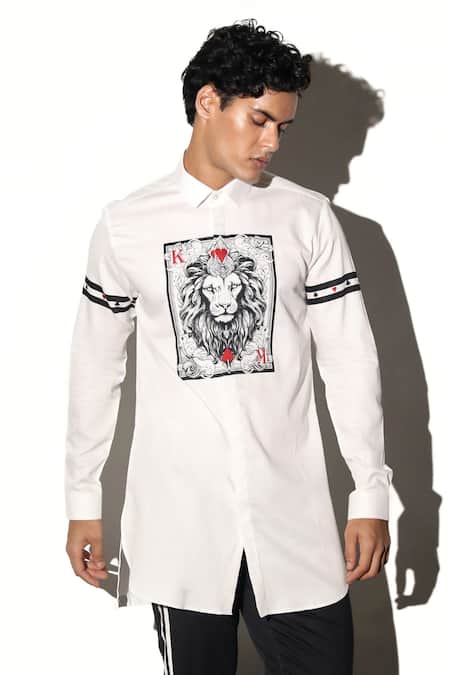 MR. Ajay Kumar White Cotton Embroidery Katoch Lion King Card Print Shirt Online at Aza Fashions MR. Ajay Kumar_White Cotton Embroidery Katoch Lion King Card Print Shirt _Online_at_Aza_Fashions