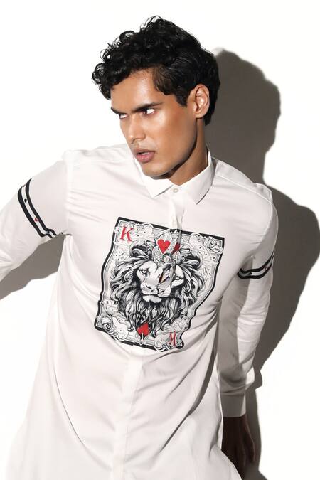 Buy MR. Ajay Kumar White Cotton Embroidery Katoch Lion King Card Print Shirt Online at Aza Fashions Buy_MR. Ajay Kumar_White Cotton Embroidery Katoch Lion King Card Print Shirt _Online_at_Aza_Fashions