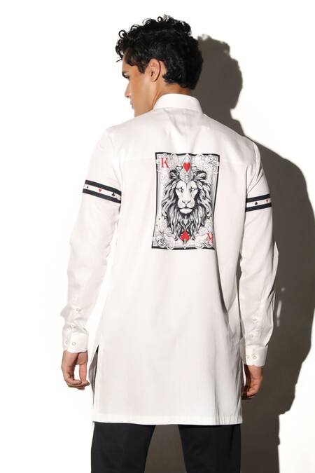 Shop MR. Ajay Kumar White Cotton Embroidery Katoch Lion King Card Print Shirt Online at Aza Fashions Shop_MR. Ajay Kumar_White Cotton Embroidery Katoch Lion King Card Print Shirt _Online_at_Aza_Fashions