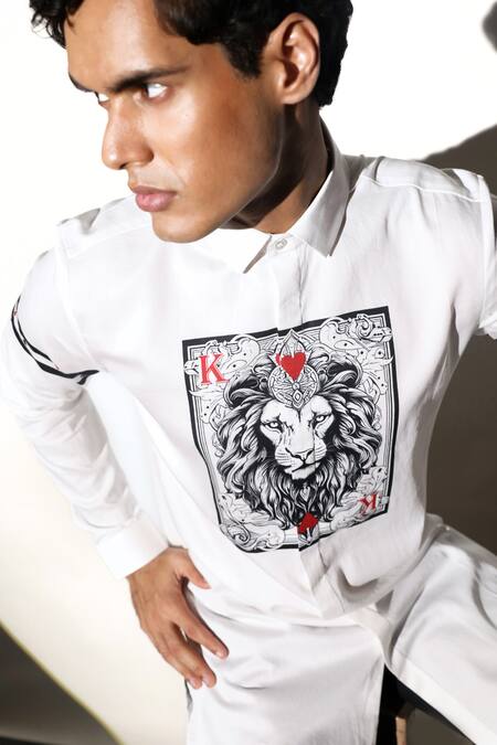 MR. Ajay Kumar White Cotton Embroidery Katoch Lion King Card Print Shirt at Aza Fashions MR. Ajay Kumar_White Cotton Embroidery Katoch Lion King Card Print Shirt _at_Aza_Fashions