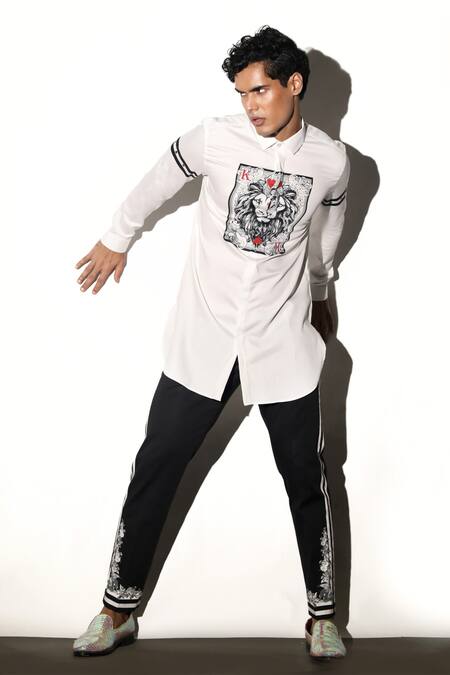 Buy MR. Ajay Kumar White Cotton Embroidery Katoch Lion King Card Print Shirt Buy_MR. Ajay Kumar_White Cotton Embroidery Katoch Lion King Card Print Shirt