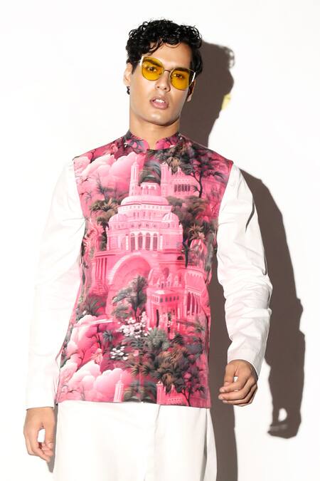 MR. Ajay Kumar Multi Color Silk Riyasat Print Waistcoat Online at Aza Fashions MR. Ajay Kumar_Multi Color Silk Riyasat Print Waistcoat _Online_at_Aza_Fashions