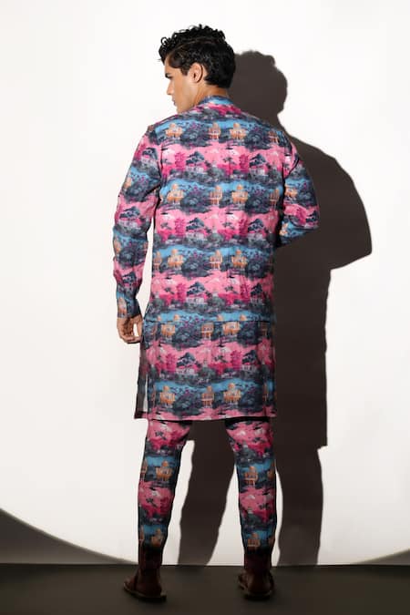 Shop MR. Ajay Kumar Multi Color Linen Nivas Print Waistcoat at Aza Fashions Shop_MR. Ajay Kumar_Multi Color Linen Nivas Print Waistcoat _at_Aza_Fashions