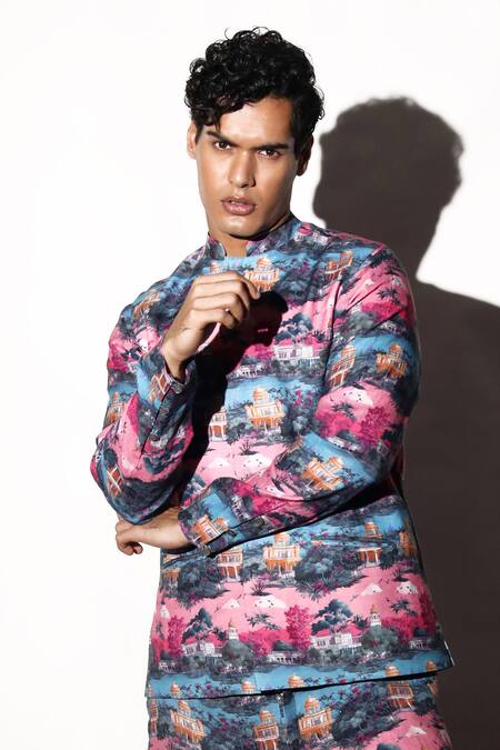 MR. Ajay Kumar Multi Color Linen Nivas Print Waistcoat Online at Aza Fashions MR. Ajay Kumar_Multi Color Linen Nivas Print Waistcoat _Online_at_Aza_Fashions