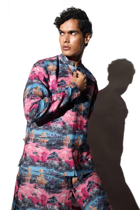 MR. Ajay Kumar Multi Color Linen Nivas Print Waistcoat at Aza Fashions MR. Ajay Kumar_Multi Color Linen Nivas Print Waistcoat _at_Aza_Fashions