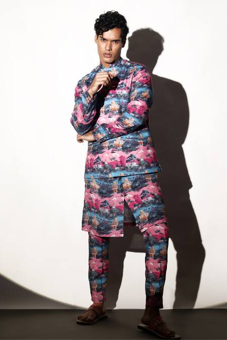 Shop MR. Ajay Kumar Multi Color Linen Nivas Print Waistcoat Shop_MR. Ajay Kumar_Multi Color Linen Nivas Print Waistcoat