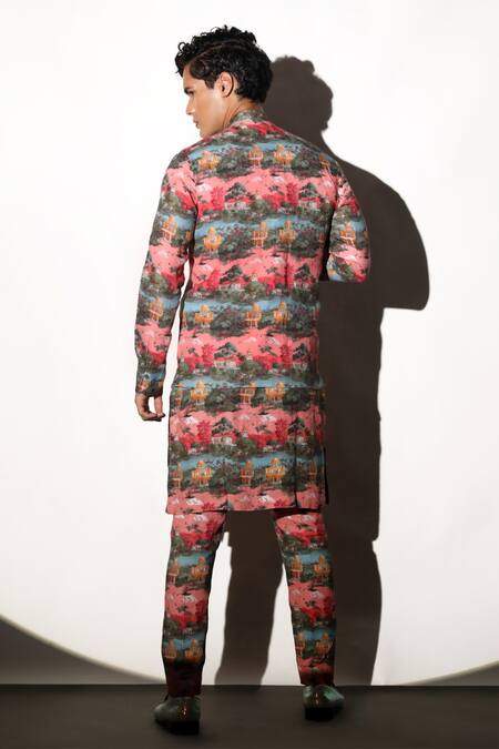 Shop MR. Ajay Kumar Multi Color Linen Narain Printed Waistcoat at Aza Fashions Shop_MR. Ajay Kumar_Multi Color Linen Narain Printed Waistcoat _at_Aza_Fashions