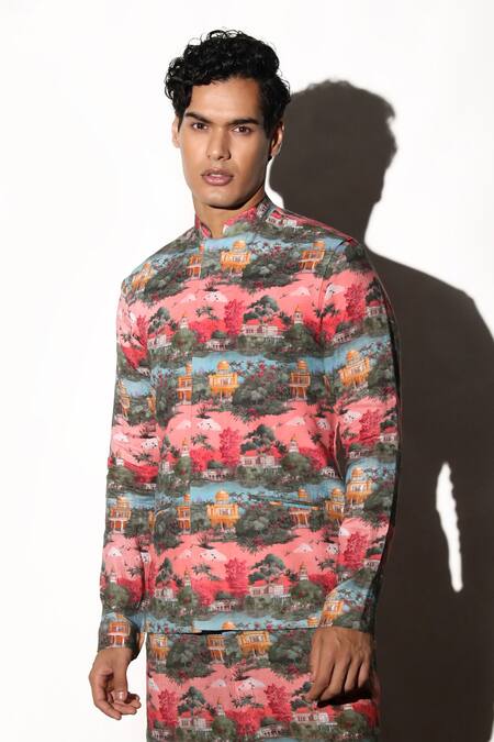 MR. Ajay Kumar Multi Color Linen Narain Printed Waistcoat Online at Aza Fashions MR. Ajay Kumar_Multi Color Linen Narain Printed Waistcoat _Online_at_Aza_Fashions