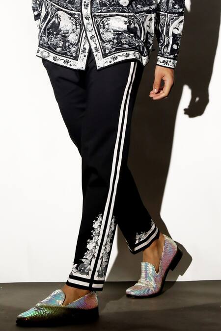 MR. Ajay Kumar Black 100% Cotton Printed Floral Tao Placement Trouser Online at Aza Fashions MR. Ajay Kumar_Black 100% Cotton Printed Floral Tao Placement Trouser _Online_at_Aza_Fashions