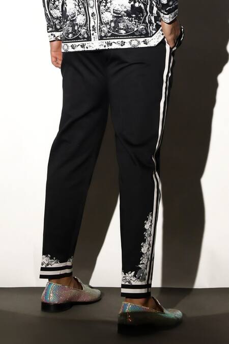 Shop MR. Ajay Kumar Black 100% Cotton Printed Floral Tao Placement Trouser Online at Aza Fashions Shop_MR. Ajay Kumar_Black 100% Cotton Printed Floral Tao Placement Trouser _Online_at_Aza_Fashions