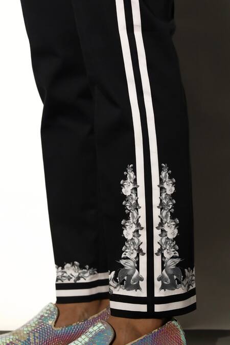 MR. Ajay Kumar Black 100% Cotton Printed Floral Tao Placement Trouser at Aza Fashions MR. Ajay Kumar_Black 100% Cotton Printed Floral Tao Placement Trouser _at_Aza_Fashions