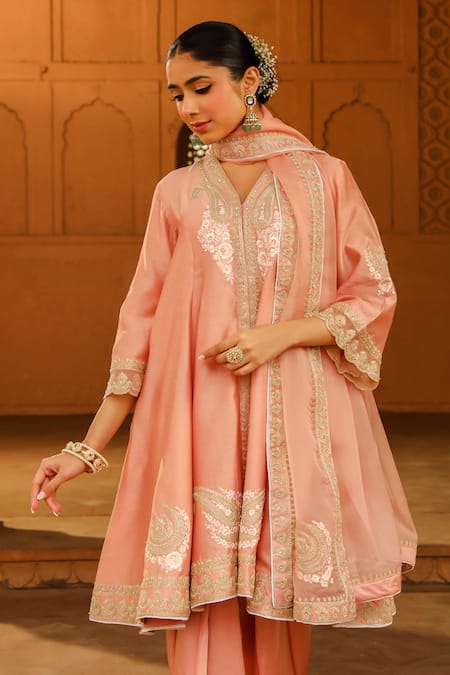 Shop Sheetal Batra Pink , Chanderi, Satin, , Fajr Anarkali Salwar Set Shop_Sheetal Batra_Pink , Chanderi, Satin, , Fajr Anarkali Salwar Set