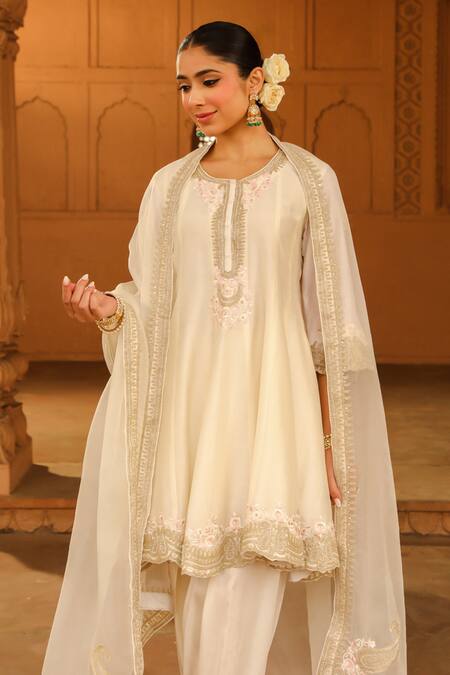 Buy_Sheetal Batra_Ivory , Chanderi, , Satin, Faria Anarkali Salwar Set _Online_at_Aza_Fashions