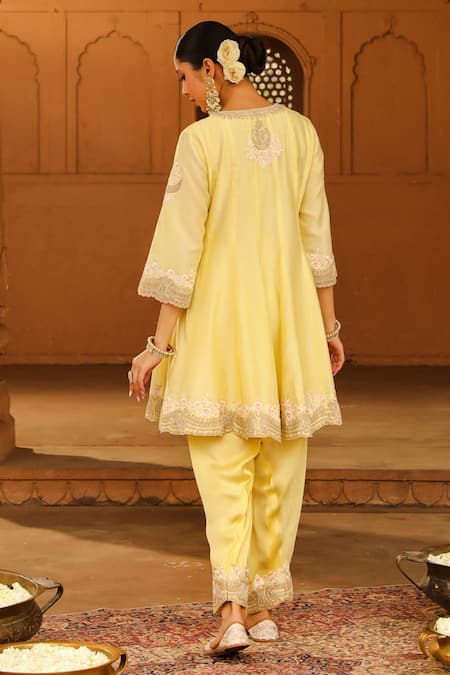 Shop Sheetal Batra Yellow , Satin, , Faria Short Anarkali Salwar Set at Aza Fashions Shop_Sheetal Batra_Yellow , Satin, , Faria Short Anarkali Salwar Set _at_Aza_Fashions