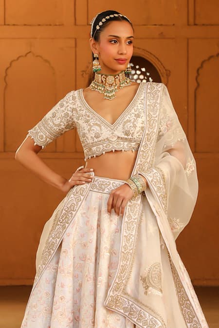 Sheetal Batra_Ivory , Organza Embroidery, Mirrors V-neck Maryam Blouse Lehenga Set _Online_at_Aza_Fashions