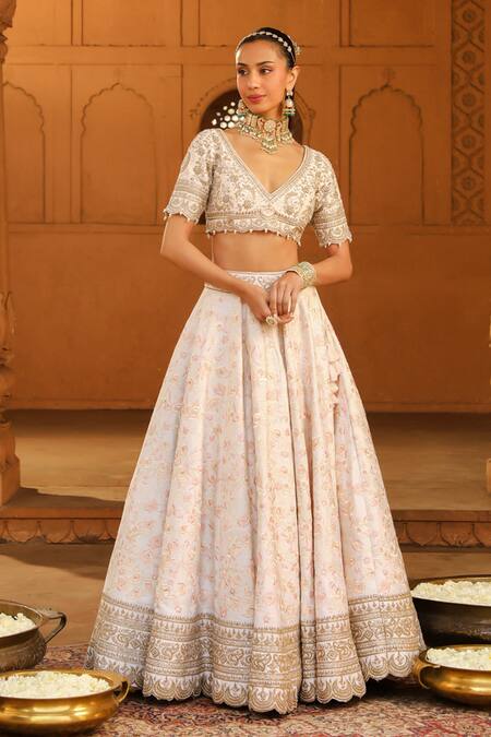 Buy_Sheetal Batra_Ivory , Organza Embroidery, Mirrors V-neck Maryam Blouse Lehenga Set _Online_at_Aza_Fashions