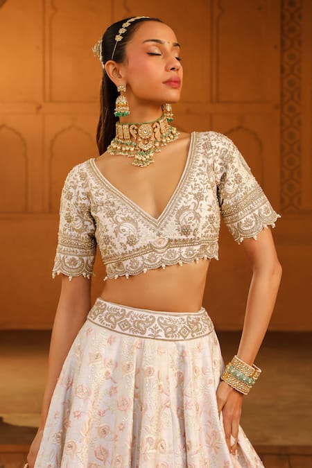 Sheetal Batra_Ivory , Organza Embroidery, Mirrors V-neck Maryam Blouse Lehenga Set _at_Aza_Fashions