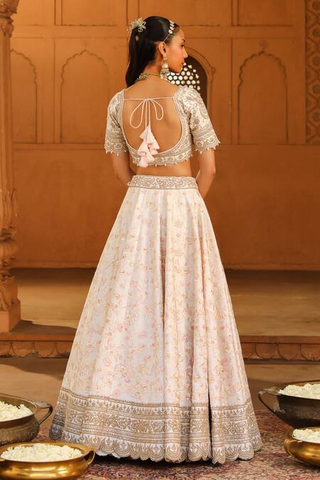 Shop_Sheetal Batra_Ivory , Organza Embroidery, Mirrors V-neck Maryam Blouse Lehenga Set _at_Aza_Fashions