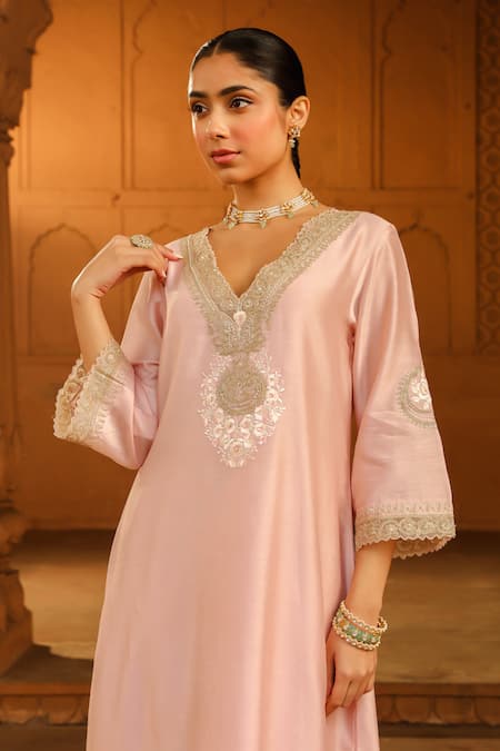 Shop_Sheetal Batra_Pink Silk, Chanderi, Satin Embroidery V-neck Sanvi Kurta And Salwar Set _Online_at_Aza_Fashions