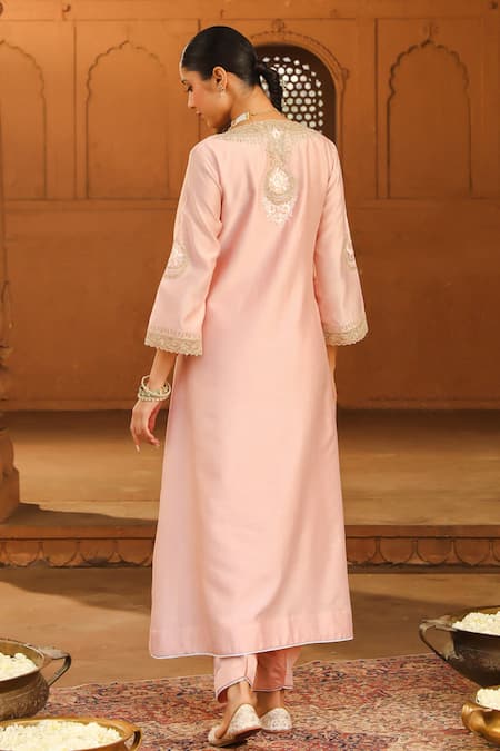 Shop_Sheetal Batra_Pink Silk, Chanderi, Satin Embroidery V-neck Sanvi Kurta And Salwar Set _at_Aza_Fashions