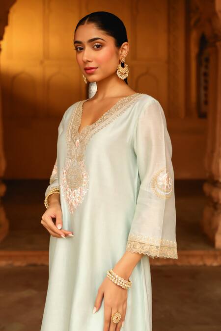 Buy_Sheetal Batra_Green Silk, Chanderi, Satin Embroidery Sanvi Kashmiri Tilla Kurta And Salwar Set _Online_at_Aza_Fashions