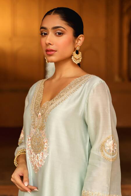 Shop_Sheetal Batra_Green Silk, Chanderi, Satin Embroidery Sanvi Kashmiri Tilla Kurta And Salwar Set _Online_at_Aza_Fashions