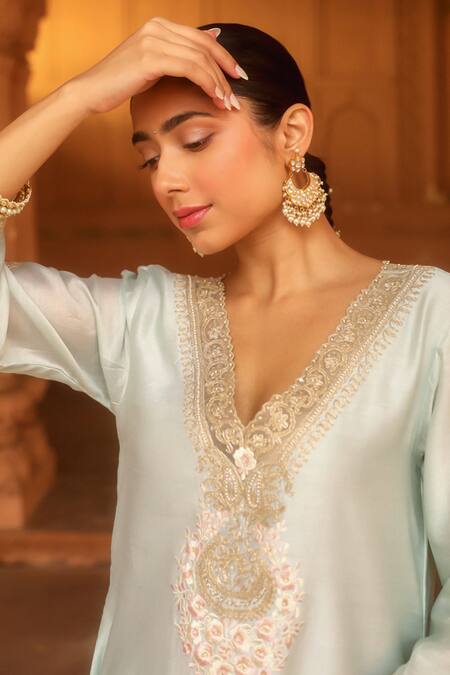 Sheetal Batra_Green Silk, Chanderi, Satin Embroidery Sanvi Kashmiri Tilla Kurta And Salwar Set _at_Aza_Fashions