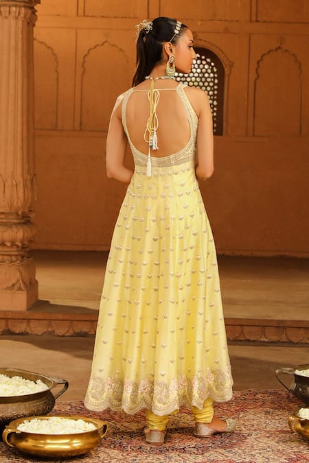 Shop Sheetal Batra Yellow Silk Organza, Cotton Embroidery, Beads Wafiya Parsi Gara Anarkali Set at Aza Fashions Shop_Sheetal Batra_Yellow Silk Organza, Cotton Embroidery, Beads Wafiya Parsi Gara Anarkali Set _at_Aza_Fashions