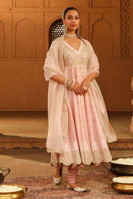 Shop Sheetal Batra Pink Organza, Satin, Cotton Embroidery V-neck Wasifa Anarkali Set Online at Aza Fashions Shop_Sheetal Batra_Pink Organza, Satin, Cotton Embroidery V-neck Wasifa Anarkali Set _Online_at_Aza_Fashions