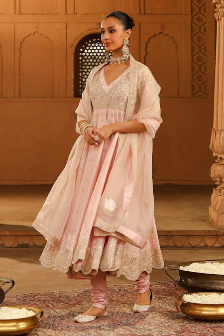 Sheetal Batra Pink Organza, Satin, Cotton Embroidery V-neck Wasifa Anarkali Set at Aza Fashions Sheetal Batra_Pink Organza, Satin, Cotton Embroidery V-neck Wasifa Anarkali Set _at_Aza_Fashions