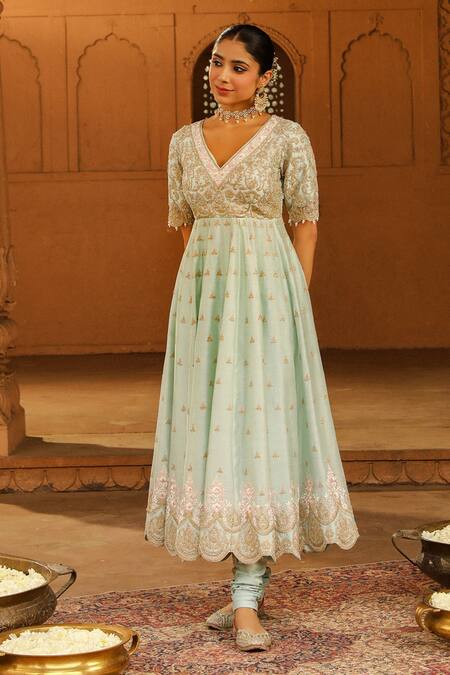 Sheetal Batra Green , Chanderi, Organza, Cotton Wasifa Parsi Gara Anarkali Set Online at Aza Fashions Sheetal Batra_Green , Chanderi, Organza, Cotton Wasifa Parsi Gara Anarkali Set _Online_at_Aza_Fashions