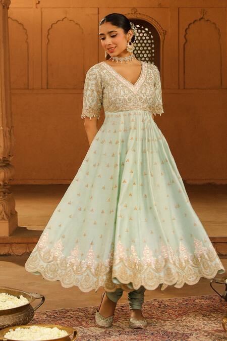 Buy Sheetal Batra Green , Chanderi, Organza, Cotton Wasifa Parsi Gara Anarkali Set Online at Aza Fashions Buy_Sheetal Batra_Green , Chanderi, Organza, Cotton Wasifa Parsi Gara Anarkali Set _Online_at_Aza_Fashions