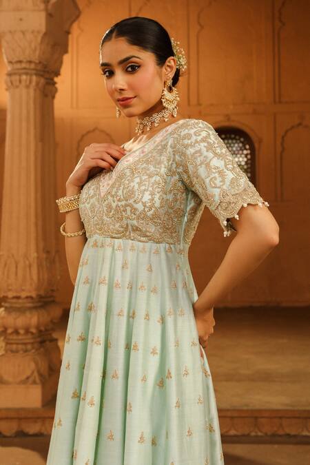Shop Sheetal Batra Green , Chanderi, Organza, Cotton Wasifa Parsi Gara Anarkali Set Online at Aza Fashions Shop_Sheetal Batra_Green , Chanderi, Organza, Cotton Wasifa Parsi Gara Anarkali Set _Online_at_Aza_Fashions