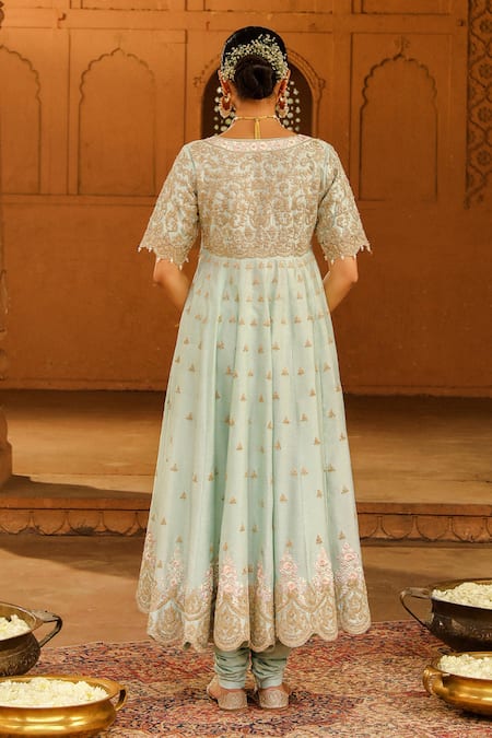 Shop Sheetal Batra Green , Chanderi, Organza, Cotton Wasifa Parsi Gara Anarkali Set at Aza Fashions Shop_Sheetal Batra_Green , Chanderi, Organza, Cotton Wasifa Parsi Gara Anarkali Set _at_Aza_Fashions