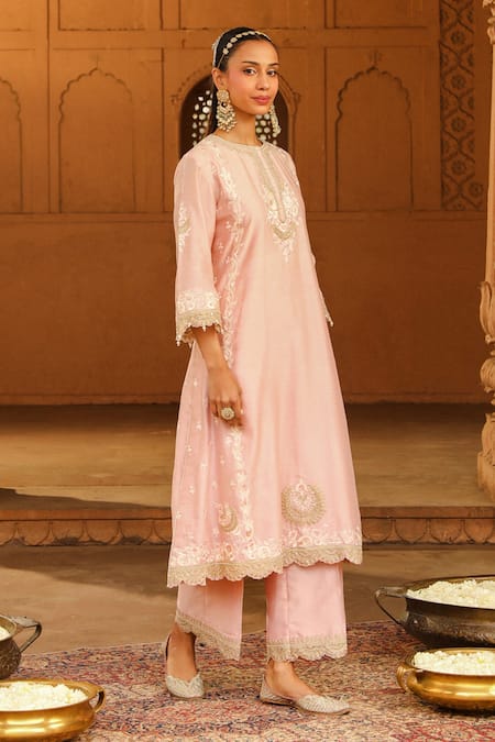 Buy_Sheetal Batra_Pink Silk Organza, Silk, Chanderi Embroidery Round Neck Yasna Kurta Palazzo Set _Online_at_Aza_Fashions
