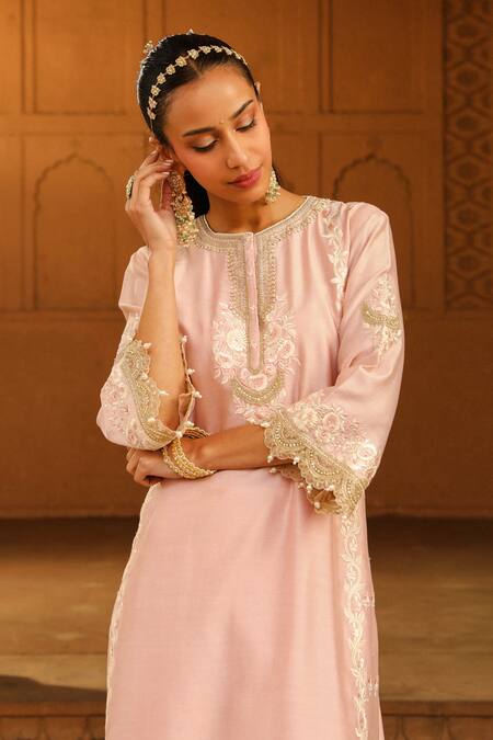 Shop_Sheetal Batra_Pink Silk Organza, Silk, Chanderi Embroidery Round Neck Yasna Kurta Palazzo Set _Online_at_Aza_Fashions